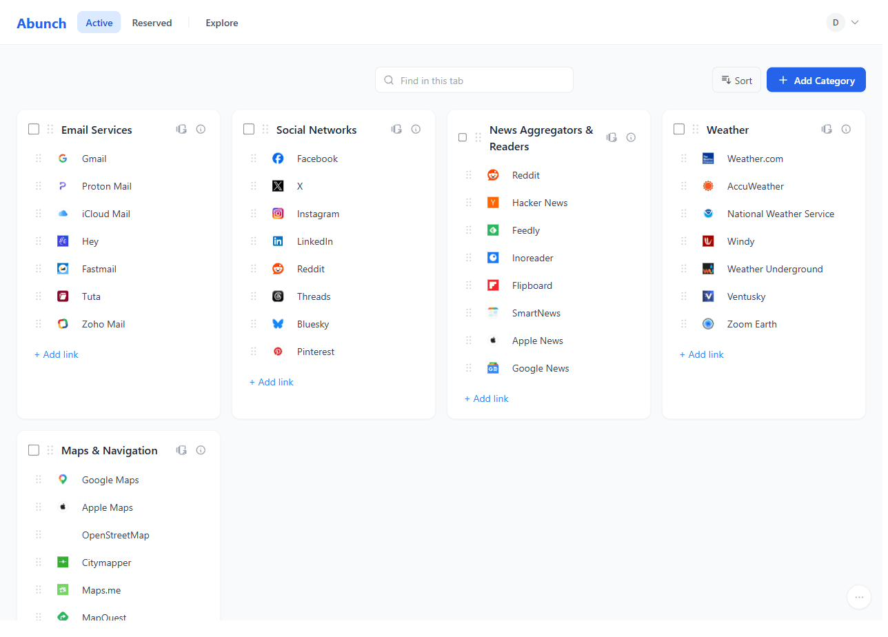 An Abunch board on the Active desktop, with categories for email, social networks, news readers, weather and maps.