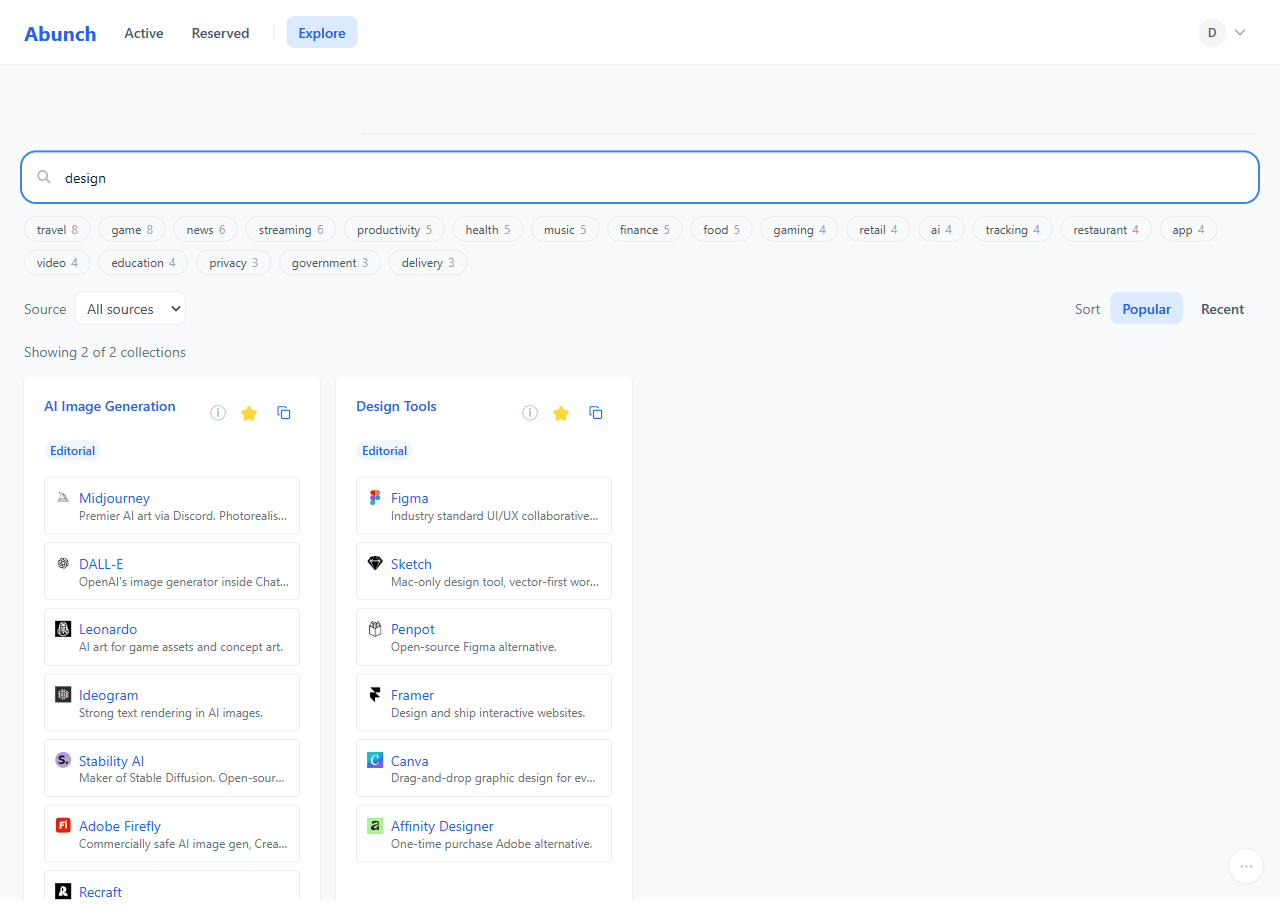 The Explore page filtered to design, showing two editorial collections of AI image tools and design tools.