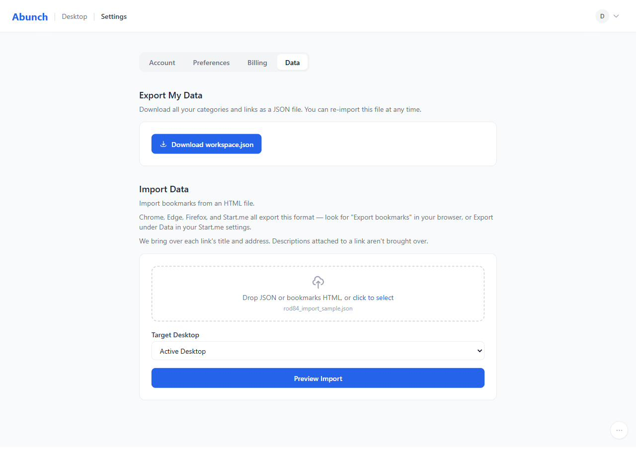 The Data tab in Settings, with a bookmarks file chosen and a Preview Import button below it.