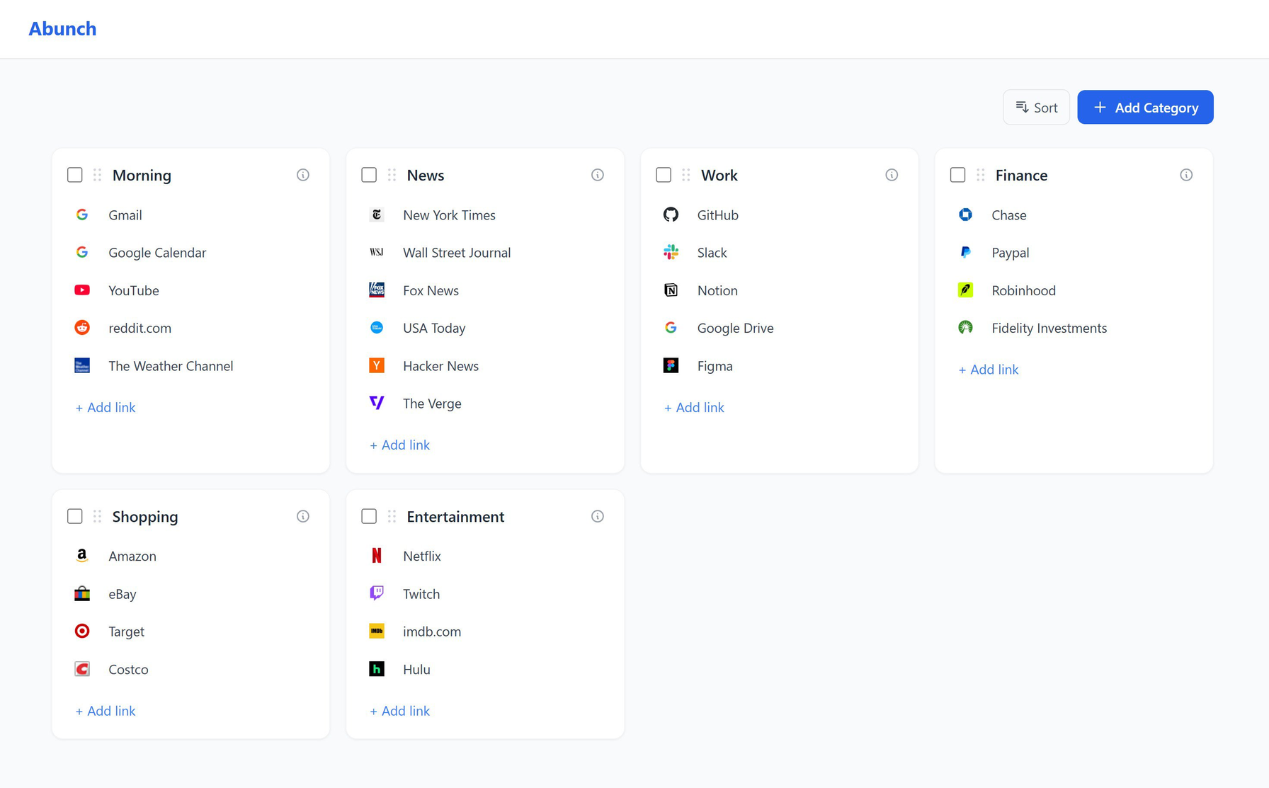 A personal homepage built with Abunch — daily sites organized in categories, one click away
